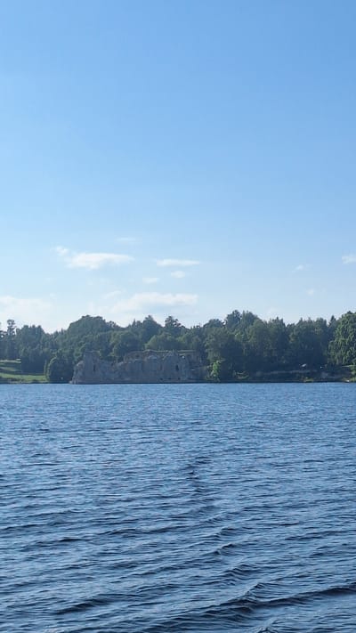 The image depicts a serene waterscape with a ruined structure on the shore. The foreground is dominated by the rippling surface of a body of water, likely a lake or a wide river, with gentle waves creating patterns of light and shadow. The color of the water is a deep blue, reflecting the clear sky above.
In the middle ground, a dense line of green trees forms a backdrop against the sky, suggesting a wooded area. Nestled within this foliage, and extending towards the water, are the remains of a stone structure. The ruins appear weathered and ancient, with irregular shapes and openings visible, hinting at a historical building, possibly a castle or fortification. The stone is a muted gray, contrasting with the vibrant green of the surrounding trees.
The sky above is a brilliant, cloudless blue, indicative of a sunny day. The overall atmosphere is one of tranquility and natural beauty, with a touch of historical mystery provided by the ruins. The scene is devoid of any human presence or activity, emphasizing the quietude of the location.
This scene is likely located in the vicinity of Sece, Latvia, known for its natural landscapes and historical sites, which might include such ruins.