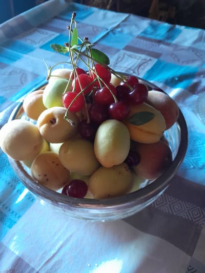 A close-up, high-angle shot captures a clear glass bowl overflowing with fresh apricots and cherries. The bowl is placed on a blue and white checkered tablecloth, which is slightly rumpled. The apricots are a pale yellow-orange, some with visible small dark spots, and possess a fuzzy texture. The cherries are a deep red, some with stems still attached, and appear plump and glossy. A few green leaves are interspersed among the fruit. The lighting suggests a natural, possibly indoor setting, with sunlight casting subtle shadows. The image appears to be taken in Artashat, Armenia, as indicated by the context provided.