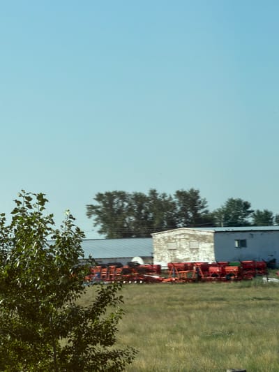 An outdoor, medium-long shot captures a rural scene under a clear, pale blue sky. In the foreground, the left side is dominated by a dense, leafy green tree. Beyond the tree, a cluster of farm buildings with light-colored roofs and white or off-white walls are visible. One building has visible windows. In front of these structures, a collection of agricultural machinery, primarily bright red with some green accents, is lined up. The ground is covered in dry, yellow-green grass, suggesting a warm or dry season. The image is likely located in Novomarkovka, Kazakhstan, a region known for its agricultural activity. There are no people or animals present in the frame.