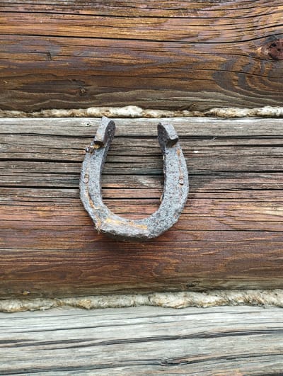 A rusty, metal horseshoe is affixed to a wooden wall in the village of Shiryaevo (Ilinsky), Russia. The horseshoe is oriented with its opening facing upwards, and it is attached to the wooden surface with two nails, one on each side. The wall itself is constructed from horizontal wooden planks, some of which appear weathered and aged. A material, possibly insulation or stuffing, is visible between two rows of planks. The horseshoe exhibits signs of wear and rust, indicating its age and exposure to the elements. The overall scene evokes a rustic and possibly historical atmosphere.