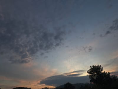 The image presents a blurred outdoor scene at dusk or sunset, likely depicting the natural landscape of Binkos, Bulgaria. The prominent feature is the sky, transitioning from darker shades of blue and grey at the top to lighter purples, pinks, and faint oranges near the horizon. Numerous soft, indistinct cloud formations are scattered across the sky, appearing as textured patches, particularly in the upper left.
In the lower right quadrant, a dark, amorphous silhouette of trees or dense foliage is visible against the fading light. Along the bottom and extending towards the left, vague, darker shapes suggest distant landforms, possibly hills or mountains, and a subtle building outline may be discernible in the far bottom left.
The entire photograph is notably out of focus, lending it a soft, ethereal, and somewhat abstract quality. Small specks and smudges are visible across the image surface, indicating dust or marks on the camera lens or a window. There is no discernible activity or specific event taking place, and no text is visible. The scene evokes a tranquil, atmospheric sense of twilight.