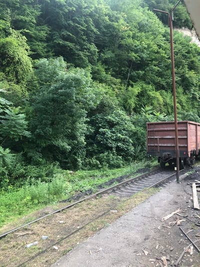 In the city of Chiatura, Georgia, a weathered, open-top freight train car, painted a faded reddish-brown, is parked on a set of railway tracks that run alongside a densely forested hillside. The train car's metal exterior shows signs of age and rust. To the left of the tracks, overgrown green vegetation and trees cover the steep slope, creating a verdant backdrop. A rusty metal pole with a fixture at the top stands prominently near the train car, possibly a lamppost or part of an electrical system. The ground around the tracks is a mixture of dirt, grass, and debris, including scattered pieces of wood and what appear to be discarded plastic bottles. The overall scene depicts an industrial area adjacent to a natural landscape.