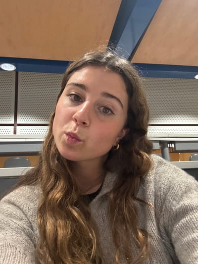 A young adult female is depicted in a close-up, chest-up shot taken indoors, presumably in a classroom or lecture hall environment in Porto Salvo, Portugal. She has medium-long, wavy brown hair, light brown eyes, and is looking directly at the camera with her lips pursed in a pouting expression. She wears a light grey, possibly knitted, long-sleeved sweater over a dark undergarment, and a small gold-colored hoop earring is visible in her right ear. The background features structural elements consistent with an institutional building, including light brown acoustic ceiling panels, a dark blue horizontal beam, and a light-colored perforated wall panel with a blue stripe. Grey seating or desk structures are faintly visible in the lower-left background.