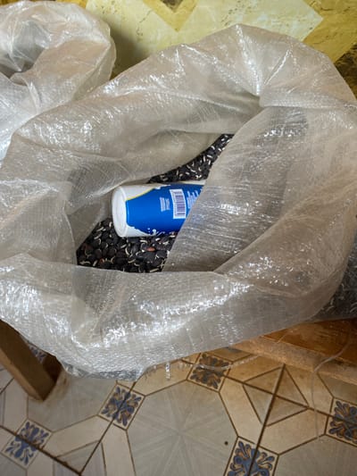A high-angle shot shows a large, clear plastic bag filled with black-eyed peas and a blue and white container of milk. The bag is open at the top, revealing the contents. The peas are a mixture of dark brown and white. The container is lying on its side amongst the peas. The bag is placed on a tiled floor with a geometric pattern of beige, white, and blue tiles. A wooden surface is visible to the right of the bag. The background of the image is a yellow and beige patterned wall. The scene appears to be an indoor domestic setting, likely a home, in Theta Ward, Kenya.