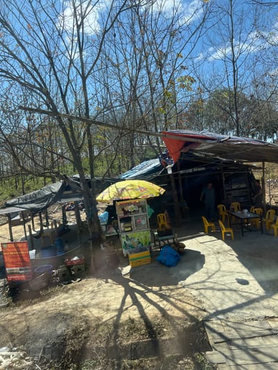 A roadside stall sits adjacent to a concrete area, partially shaded by bare trees. The stall, under a makeshift awning, displays a yellow umbrella and various goods. Yellow chairs surround a table nearby. A person stands within the structure. In the foreground, more stalls and tables with chairs line a pathway. A sign with Vietnamese script leans against one of the stalls. The sky is visible through the branches of the trees.