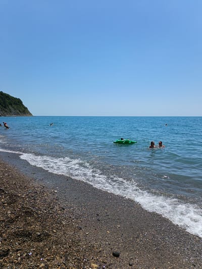 In Krinitsa, Russia, on a clear day, a pebble beach meets the calm, blue sea. Several people are swimming and enjoying the water. In the foreground, small waves gently wash onto the shore. Further out, two individuals are swimming together, while a green inflatable alligator floats nearby. In the distance, more people are scattered across the water, and a lush green hillside slopes down towards the sea on the left side of the frame. The sky is a bright, uninterrupted blue.