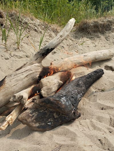 The image depicts a campfire on a sandy beach, likely in Bibikha, Russia, with tall grass and dunes in the background. Several pieces of driftwood are arranged for the fire, with flames visible on some of the logs. One log in the foreground is heavily charred. The sand is light brown and textured. There are no people or animals visible in the image. The scene appears to be outdoors during daylight hours.