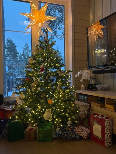 This image depicts an indoor scene in Finskiy Briz, Russia, characterized by festive holiday decorations. The primary subject is a large, illuminated artificial Christmas tree positioned centrally in the foreground, adorned with numerous warm white string lights and various ornaments including small red stockings, multicolored baubles, an owl figure, fruit shapes, and a crescent moon.
Behind the tree, a large window reveals an exterior winter landscape under dim, overcast skies, indicative of twilight. Snow-covered pine trees are visible, along with what appears to be a fence or structure in the distance. Two illuminated paper star lanterns hang in front of the window, one large yellow star and a smaller white star below it.
At the base of the Christmas tree, numerous wrapped presents and gift bags are arranged on a light wood floor. These include dark blue patterned paper, green glitter bags, a brown box with a red ribbon, red and white polka dot paper, and a large red gift bag featuring a "С НОВЫМ ГОДОМ" (Happy New Year) inscription in Russian.
To the right of the tree, a light-colored wooden entertainment unit supports a flat-screen television. The television screen reflects the interior lights and a star decoration. On the entertainment unit, a white floral arrangement, a small decorative statue, a glass container with string lights, and a marble-patterned bowl are present. Shelves below hold several books with ornate spines and a wooden box, possibly a game board. A fabric gnome-like figure is visible near the floor beside the unit. The room's right wall features light-colored wooden paneling. No people are present in the scene.