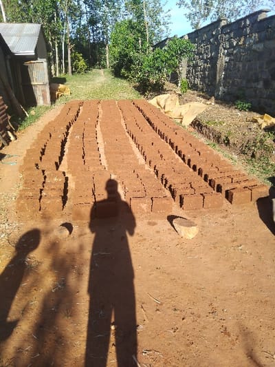 Rows of red-brown bricks stretch across the scene, drying under the sun. They are laid out on a reddish-brown dirt surface. A building with stone walls is visible on the left, partially obscured by trees. A small metal shed and stacked materials are at the lower left corner. A person's shadow falls across the bricks and dirt, indicating the presence of someone nearby. The scene conveys a sense of outdoor work and preparation of building materials.
