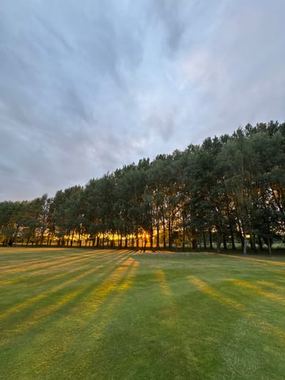 This image captures a serene natural landscape, likely a park or golf course, at either sunrise or sunset in South Cave, United Kingdom. The scene is dominated by a long, uniform line of tall, dense trees that stretch across the midground. The low-angle sun, positioned behind and shining through the trees, casts a warm, golden glow, creating striking light rays that penetrate the foliage and illuminate the scene.
In the foreground and extending towards the treeline, there is a vast expanse of meticulously maintained green grass. The golden sunlight casts long, dramatic shadows of the trees diagonally across the grassy area, creating a beautiful interplay of light and dark stripes on the lawn. These elongated shadows emphasize the low position of the sun.
Above the treeline, the sky is filled with soft, diffused clouds, indicating an early morning or late evening atmosphere. No people or specific activities are visible, allowing the focus to remain on the tranquil beauty of the natural environment and the captivating light conditions. The overall impression is one of peacefulness and natural artistry, highlighted by the dramatic lighting. There is no visible text in the image.