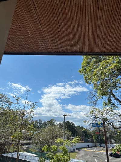 The image shows a view from a building in Santa Ana, Costa Rica (latitude: 9.937, longitude: -84.188), with a bamboo ceiling overhead. The sky is a clear blue with white clouds scattered across it. In the distance, a street lined with trees can be seen. A street lamp is visible in the center of the image. On the right side of the image, there is a sign for "Mega Max". The surrounding area is characterized by green foliage and the pavement of a parking lot. The scene is peaceful and tranquil, with no visible people or vehicles except for the sign, a single person on a motorbike, and a car in the background. The image captures a moment of stillness and serenity amidst the urban landscape.