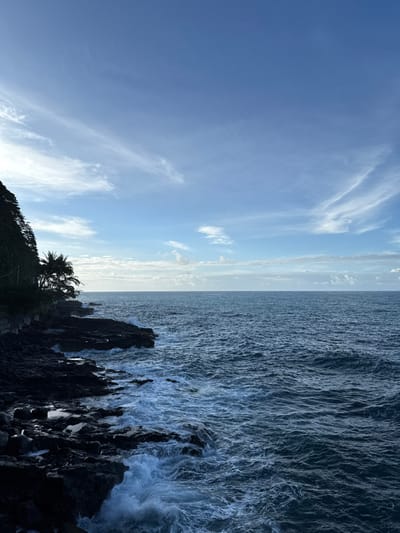 The image displays a coastal scene in Hitiaʻa ʻo te Rā, France, under a partly cloudy blue sky. The dark blue-green ocean, occupying the right two-thirds of the frame, exhibits moderate wave activity with whitecaps, extending to a discernible horizon. Along the left, a rugged shoreline composed of dark, jagged volcanic rocks is visible. Waves are actively crashing against these rocks, generating significant white foam. Above the rocky coast, a steep slope is densely covered with lush green foliage, with several palm trees partially visible among the vegetation. No human figures or discernible man-made structures are present within the frame.