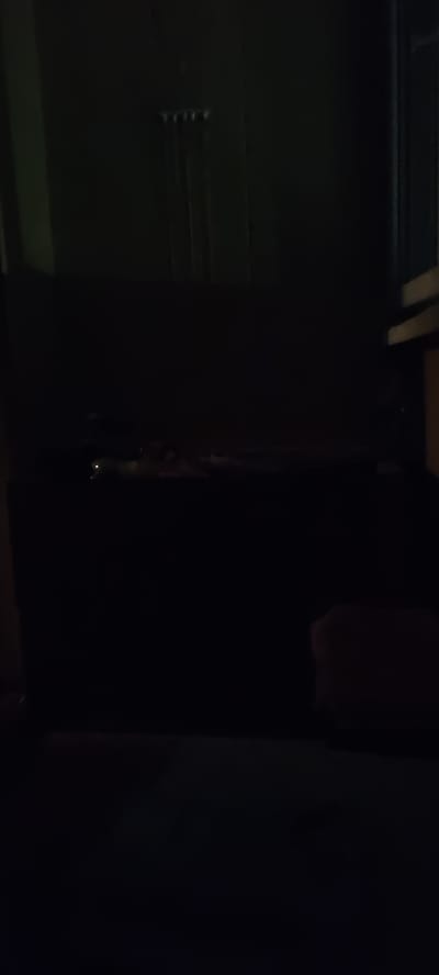 The image depicts a dark, indoor environment, possibly a room or a storage area. The lighting is very dim, making it difficult to discern details. In the upper portion of the image, there are several vertical lines against a dark background, which might represent cables or wires hanging from a structure. The majority of the image is filled with darkness, with some indistinct shapes visible in the lower section. On the right side of the bottom half of the image, a portion of a reddish-brown object is faintly visible, possibly a piece of furniture or fabric. There are no identifiable people or specific objects that can be clearly recognized due to the low light conditions. The environment appears to be somewhat cluttered or filled with unseen objects based on the faint outlines and textures. The scene is devoid of any clear indicators of its specific location within the city of Druzhba, Russia, or any particular context.