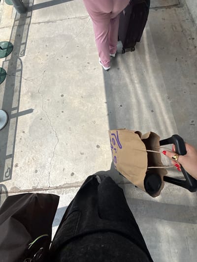 The scene appears to be on a concrete outdoor surface in Apodaca, Mexico. A person wearing pink pants stands next to a black suitcase with wheels. Another person is partially visible wearing black clothing and black shoes, carrying a brown paper bag with the logo "Tere Reposteria Fina" visible. The person holding the bag has red nail polish and a gold ring on one hand, holding the retractable handle of the bag. Another dark-colored bag is also on the ground beside the person in black. A metal railing with circular green and white elements is visible at the bottom of the scene.
