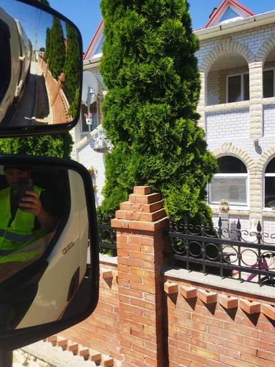 The image shows a reflection in a car mirror of a person wearing a neon yellow vest and holding a smartphone. The reflection also shows a street lined with trees and a brick fence. The main image depicts a residential building with white brickwork and arched windows, flanked by a large green coniferous tree. A black metal fence runs along the front of the property, and a brick pillar is visible in the foreground. A satellite dish is mounted on the side of the building. The scene is set in a sunny environment with a clear blue sky.