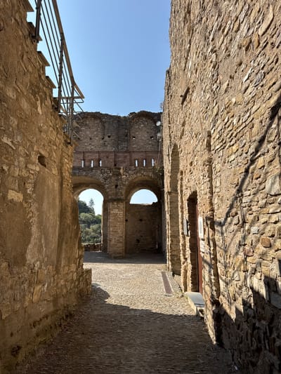 The image depicts a view down a cobblestone pathway between two ancient stone walls in Dolceacqua, Italy. On the left, a textured stone wall with a section of metal railing and stairs leads upwards, contrasting with the rougher texture of the wall itself. On the right, a wall of meticulously laid, irregular stones features several arched doorways and windows. Sunlight casts long shadows across the path and the right wall. In the background, visible through the arches, are more stone structures and a green hillside under a clear blue sky. The scene appears to be a historical site, likely part of a castle or old village. There are no people visible in the image.
