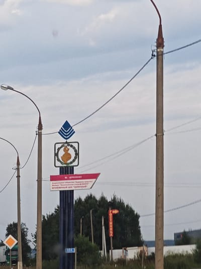 The image shows a street scene with a cloudy sky. In the foreground, there are several utility poles, a street lamp, and a signpost. The signpost has a blue emblem at the top, followed by a square sign with a yellow duck-like figure inside a wreath, and below that, a pink directional sign with Russian text. The pink sign reads "ЧЕРКИЗОВО" (Cherkizovo) and then further text indicating "Акционерное общество 'Куриное Царство'" (Joint-stock company 'Chicken Kingdom') and "Филаал 'Васильевская птицефабрика'" (Branch 'Vasilievskaya Poultry Farm'), followed by "БРОЙЛЕРНЫЙ ЦЕХ 'ЗАРЕЧНЫЙ'" (Broiler shop 'Zarechny'). To the left of the signpost, there is a diamond-shaped road sign and a green truck. In the background, there are trees and some buildings. The overall scene appears to be on the outskirts of a town or industrial area. The location is identified as Cherkizovo, Russia.