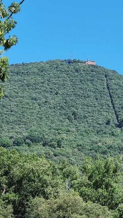 The image shows a lush, green mountain covered in trees under a clear blue sky. At the summit of the mountain, there is a building with a steeple and a radio tower. The terrain is steep and densely forested. In the foreground, the tops of more trees are visible. The scene appears to be natural and undeveloped, with the exception of the structures on the mountain peak.