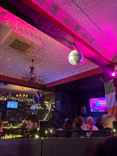 This image captures the interior of an entertainment venue, likely a bar or karaoke lounge, located in Ixelles, Belgium, during the nighttime. The scene is illuminated by vibrant artificial lighting, featuring magenta and purple hues that wash over the ornate, patterned ceiling and walls. A large disco ball hangs prominently on the left, casting numerous small, reflective light spots across the surfaces, creating a dynamic and festive atmosphere.
In the background, a busy bar area is visible, adorned with warm white string lights draped over bottles and shelves. Several individuals are seated at tables or the bar, engaging in social interaction. Their faces are mostly obscured by the lighting and angle, but they appear relaxed and enjoying the evening.
A large screen in the mid-ground displays what seems to be karaoke lyrics. Visible text on the screen reads: "If you've done nothin' wor", "blue lights should just", and "There's no need to run." Above this screen, several Irish flags are draped, suggesting a thematic element or cultural influence within the establishment. Below the disco ball, an ornate, multi-armed chandelier adds to the decorative style of the venue. The overall impression is of a lively, social gathering in a themed and atmospherically lit setting.