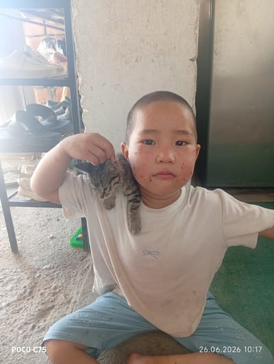 In the city of Chon-Kara, Kyrgyzstan, a young child with short hair and prominent facial blemishes sits on a green mat. They are wearing a light-colored t-shirt and light blue shorts adorned with reflective studs. The child holds a tabby kitten on their shoulder, with the kitten looking downwards. Behind the child, a shelf unit holds various shoes, and a textured wall is visible. The ground is composed of dirt and sand. The image also displays text at the bottom left and right corners indicating "POCO C75" and "26.06.2026 10:17" respectively.