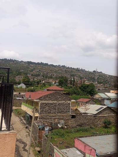 The image presents an elevated panoramic view of a densely populated residential and mixed-use area in Kiamaina ward, Kenya, under an overcast sky.

In the immediate foreground, the perspective is from an orange-painted structure featuring a dark metal railing, likely a balcony. Directly below and extending horizontally across the mid-ground is a dirt road. Along this road, multiple utility poles support a dense network of overhead wires. Properties are delineated by fences constructed from various materials, including stick, corrugated metal, and stone blocks.

The mid-ground is dominated by a two-story building composed of dark grey stone blocks, topped with a reddish-brown corrugated metal roof. The upper level of this structure features a green-railed balcony. A partially visible commercial sign, "HERCSTA," is affixed to its lower facade. Surrounding this central building are numerous other structures, varying in size and construction, predominantly featuring corrugated metal roofs in diverse colors such as red, grey, light blue, and pink. Several roofs are equipped with solar panels. Lush green vegetation, including trees and shrubs, is interspersed throughout the built environment.

The background reveals a steep hillside densely covered with a multitude of small dwellings, extending upwards and fading into the distance. This hillside displays terraced or contour-following construction patterns. Scattered trees are visible among the houses and along the upper reaches of the hill. A prominent white communication tower stands on the upper right side of the hillside. No people, animals, or active vehicles are present in the observable scene.