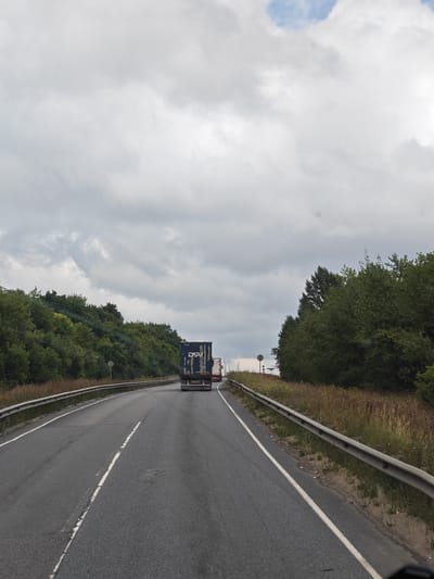 The image shows a view from inside a vehicle on a two-lane highway, possibly in or near Saltykovo, Russia. The road ahead is paved and has white lane markings. On the right side of the road, there is a metal guardrail and a grassy embankment with scattered vegetation. On the left side of the road, there is a dense line of green trees bordering the highway. In the distance, two trucks are visible on the road. The lead truck is dark blue with "DSV" printed on its side, and the second truck behind it is lighter in color. The sky is overcast with thick gray clouds, with a small patch of blue sky visible towards the top. The overall impression is a typical highway scene on a cloudy day.