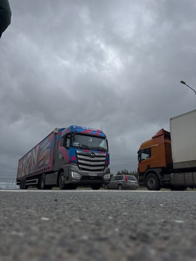 The image shows a wide-angle, low-angle shot of two trucks on a road under a cloudy sky. The truck on the left is dark grey with a colorful graphic design, including the logo "OZON" and text in Russian. The truck on the right is orange and has a white trailer. A grey SUV is visible between the two trucks. The road is paved and appears to be asphalt. In the background, trees are visible and a lamppost is present on the right side of the frame. The scene is consistent with a view from a road in or near Alnashi, Russia, a settlement known for its transportation infrastructure. There are no people clearly visible in the frame.