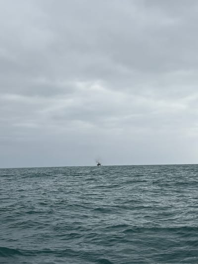 The image shows a wide shot of the sea under an overcast sky. The water is a dark teal color with moderate waves. In the distance, a small blue and white boat is visible on the horizon, emitting a plume of smoke from its stack. The sky is filled with gray clouds, suggesting a potentially cool or breezy day. The scene is devoid of any identifiable landmarks or structures that would specifically place it in La Punta, Peru. The focus is on the vastness of the ocean and the solitary presence of the boat.