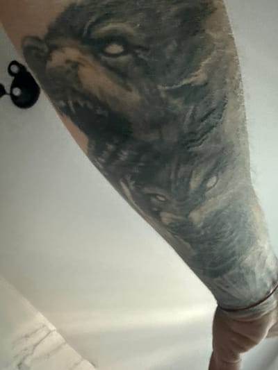 The media file shows a close-up, angled view of a person's forearm with a tattoo. The tattoo appears to be a black and gray depiction of a wolf's face. The wolf's fur is rendered with varying shades of gray, creating a textured and somewhat faded effect. The eyes of the wolf are visible and seem to be a lighter shade, giving them a piercing gaze. The lower part of the forearm also shows some lighter skin tone, suggesting the tattoo covers a significant portion of the arm. In the bottom left corner of the image, a small, black object with two white circular details is visible, possibly a charm or a small accessory attached to clothing or jewelry. The background is a plain, light-colored surface, possibly a wall or a piece of fabric, with subtle shadows and highlights indicating the direction of light. There is a reddish-brown band, possibly a bracelet, around the upper part of the forearm. No text is visible in the image. The lighting suggests an indoor setting. The image is likely a personal photograph taken to showcase the tattoo.