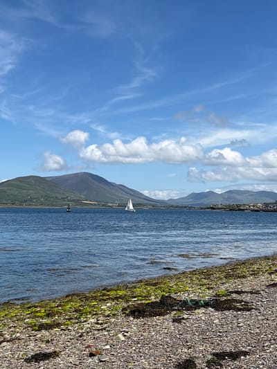 A wide-angle vertical shot captures a scenic coastal view of mountains across a blue body of water under a partly cloudy blue sky. The foreground is a pebbly beach covered with green and brown seaweed. The water is calm with gentle ripples. In the middle ground, a white sailboat with its sail up is sailing on the water, and a yellow and black buoy is visible further to the left. In the background, rolling green mountains dominate the landscape, with some houses and structures scattered along their lower slopes and a distant harbor area visible on the right. The sky is a vibrant blue with scattered white cumulus clouds and wispy cirrus clouds. The lighting suggests it is daytime, likely late morning or early afternoon. The overall scene conveys a peaceful and natural coastal environment.