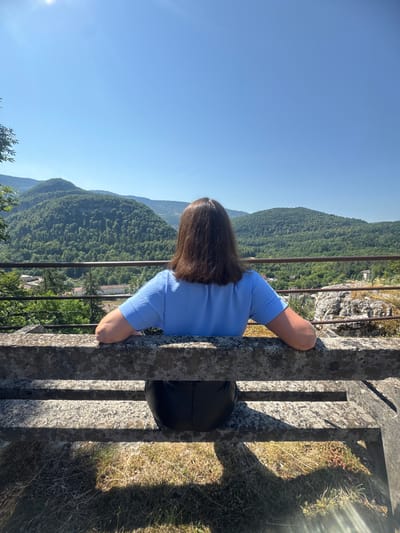 A person with brown hair is sitting on a stone bench, facing away from the camera, and looking out at a verdant landscape. The person is wearing a blue shirt and dark pants. The bench is made of rough-hewn stone and is situated on a grassy area. Beyond the bench, a metal railing separates the viewer from a steep drop. The landscape consists of rolling, tree-covered hills under a clear blue sky. In the middle ground, there are some buildings visible amidst the trees, suggesting a small town or village. The overall impression is one of serene observation of a natural vista, likely a viewpoint overlooking the valley near Lavans-lès-Saint-Claude, France.