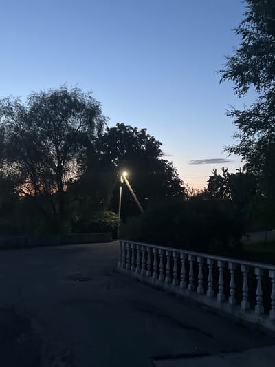 This is a vertical, low-light, outdoor photograph taken at dusk in Stara Rafalivka, Ukraine. The scene depicts a street with a decorative balustrade on the right side, a paved area that could be a sidewalk or road, and silhouetted trees. A single streetlamp is illuminated, casting a warm glow through the foliage of a large tree in the foreground. The sky transitions from a clear blue at the top to lighter hues near the horizon, suggesting the sun has recently set. A thin, elongated cloud is visible in the upper left quadrant of the sky. The overall mood is tranquil, with a sense of quiet evening settling over the area. No people or text are visible in the image.