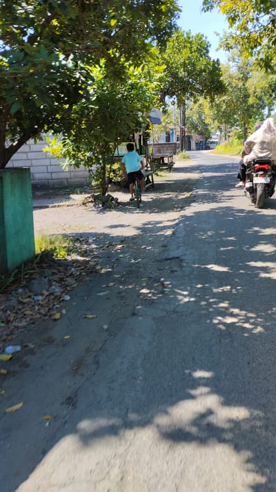 In Kramat Jegu, Indonesia, on a sunny day, a young person in a teal shirt and dark shorts rides a bicycle on the right side of a paved road. The road is bordered by a dirt shoulder with scattered leaves and debris on the left, and a low white brick wall. To the left of the road, a large tree with dense green foliage casts dappled shadows on the ground. A small wooden cart with a slatted roof and bench seating sits near the tree. Further down the road, a person wearing a light-colored hooded garment rides a motorcycle. The road is a two-lane asphalt surface, with visible cracks and repairs. The surrounding environment appears to be a rural or semi-rural area with more trees and vegetation visible in the background.
