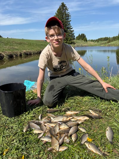 A young person wearing glasses and a red cap kneels on the grassy bank of a body of water, possibly a lake or pond. They are positioned next to a pile of approximately 30 fish, likely recently caught. A black bucket and a blue plastic bag are near them. The environment appears to be rural, with trees and a blue sky in the background. The location might be Karashur, Russia, although this is not visibly verifiable within the image. The person is looking towards the camera.
