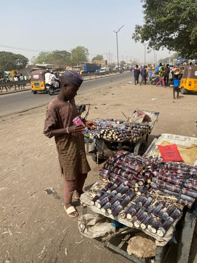 A young male, possibly an adolescent, stands on a dusty roadside in Rijiyar Lemo, Nigeria, facing slightly right and downwards. He wears a brown patterned tunic, brown trousers, a dark cap, and light-colored slides, with a white beaded bracelet on his left wrist. He holds a pink and blue plastic container. To his right are two metal pushcarts, each laden with bundles of short-cut, dark reddish-purple sugarcane segments. The cart closer to the viewer also displays a red plastic bag. The immediate ground is unpaved dirt with scattered debris. In the midground, a paved, multi-lane road runs left-to-right, separated from the dirt shoulder by a metal barrier. Vehicular traffic, including yellow auto-rickshaws, motorcycles, and trucks, moves on the road. Numerous pedestrians are visible on the road shoulder and in the distance. The background features a hazy sky, sparse trees, utility poles with streetlights, and distant structures, indicating a bustling commercial area under clear but dusty daylight conditions.