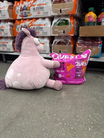 The image depicts a bag of Quest Tortilla Style Protein Chips in Spicy Sweet Chili flavor, lying on the floor beside a shelf stocked with Gatorade Zero sports drinks. A pink unicorn plush toy is also present, partially obscuring the bag of chips. The setting appears to be a retail environment, possibly a grocery or convenience store. The location is West Palm Beach, Florida, United States.