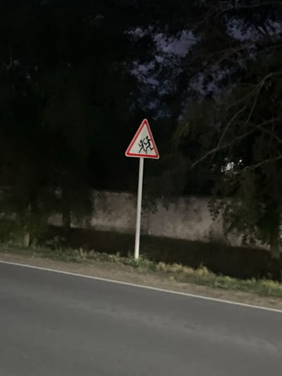 This image captures a triangular road sign with a red border and a white interior, indicating a warning. The symbol on the sign appears to depict a stylized representation of children, suggesting a "children crossing" or "school zone" warning. The sign is mounted on a white pole.
The scene is outdoors, with dark trees framing the left side of the image, indicating it might be dusk or nighttime. The background shows a blurred embankment covered in sparse greenery, and a paved road stretches to the right. The lighting suggests low-light conditions, possibly due to the time of day or overcast weather.
The location is identified as Kenzhekol, Kazakhstan. No specific activity or event is explicitly depicted beyond the presence of the road sign, which serves as a warning to motorists. There is no visible text other than the symbols on the sign itself. The overall mood is quiet and somewhat obscured by the dim lighting.