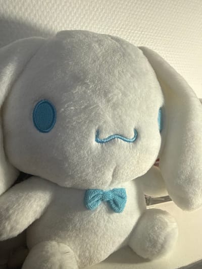 A close-up photograph captures a white, plush, stuffed animal. The stuffed animal has a light blue, embroidered, curved shape on its face, along with a light blue circle near the bottom of the face. A light blue bow is visible on the body of the stuffed animal. The environment is simple, with a textured, white surface in the background. The location and city are not determinable from the image.