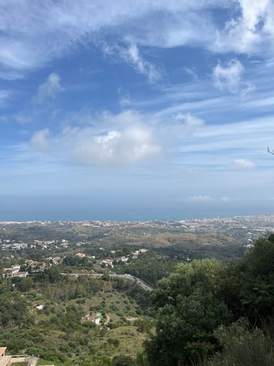 The image presents a high-angle, panoramic view of Mijas, Spain, from a mountainous or elevated position.
**Environment:** The sky, occupying the left half of the image, displays a blend of clear blue and wispy clouds. The right half is dominated by a sloping terrain covered in dense vegetation. Patches of residential areas with white buildings interspersed among the trees are visible along the slope. The sea is visible in the distance between the sky and the landscape, appearing hazy.
**Objects:** Buildings, roads, and the shoreline are visible.
**Actions/Interactions:** No immediate actions or interactions are directly discernible.
**Subjects/People:** No people are visible.