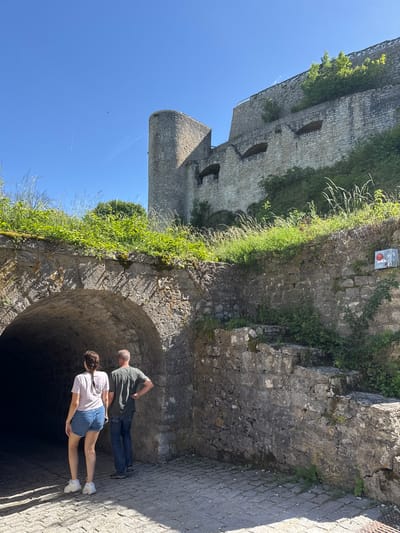 The image shows two people, a woman and a man, standing near the entrance of a stone tunnel. The woman is wearing a pink t-shirt and denim shorts, and the man is wearing a green t-shirt and blue jeans. They are both looking towards the tunnel entrance. Behind them, a stone wall and a fortified structure, likely part of the Neuffen Castle ruins, rise up a hillside. The sky is clear and blue, and there is green foliage growing on the walls and surrounding the structures. The ground is paved with cobblestones. The scene appears to be an outdoor historical site.