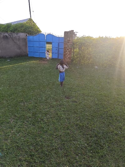 The image depicts an outdoor scene in Ang'orom ward, Kenya, featuring two children on a grassy area, illuminated by bright sunlight from the right. In the foreground, a child stands with their back mostly to the camera, wearing blue shorts, and appearing to adjust a light-colored, possibly patterned, top bunched around their neck/shoulders. This child is barefoot on the short-cut green grass. In the background, a blue double metal gate is partially open. To the immediate left of the gate is a grey concrete wall with a visible diagonal crack, and to the right is a brick gate pillar. Through the open gate, a smaller child, dressed in light-colored attire, is visible standing further back. Beyond the gate and wall, green foliage and part of a building roofline are discernible. A dark utility pole extends upwards from the upper left. A dense green hedge is situated to the right of the brick pillar. The overall environment is rural or semi-urban, characterized by open green space and basic structural elements.