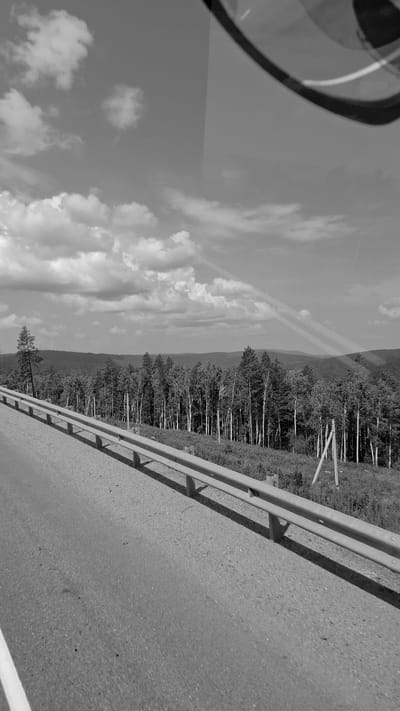 The image depicts a roadside view of a forested landscape under a cloudy sky. A paved road runs diagonally from the bottom left to the upper right of the frame, with a white line marking the edge. A metal guardrail runs parallel to the road. Beyond the guardrail, a dense forest of trees is visible, with some taller, thinner trees interspersed among them. In the distance, rolling hills are discernible. The sky is filled with a mix of white, puffy clouds and darker, more dispersed clouds, with rays of light filtering through. The overall scene is monochromatic, suggesting a black and white photograph. The location is identified as Chistyye Klyuchi, Russia.