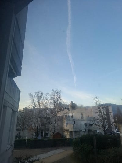 A daytime shot reveals a serene blue sky with a faint contrail stretching across it. Below, buildings, some partially obscured by bare trees, create an urban backdrop. Hints of greenery peek out from the edges, adding a touch of nature. The view is framed by a window or rooftop structure in the foreground, establishing an intimate, indoor perspective.