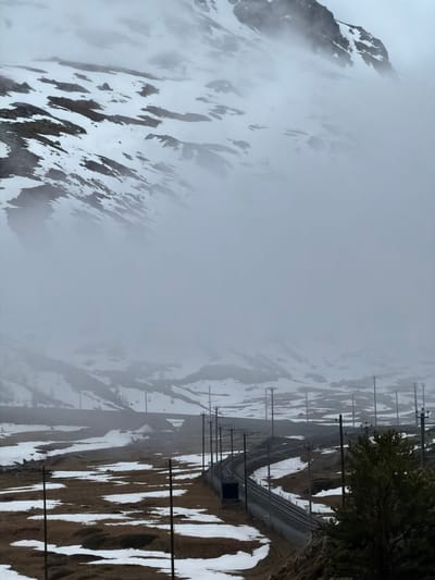 The original image, when rotated to a horizontal (landscape) orientation, depicts a serene, snow-covered alpine landscape in Pontresina, Switzerland, largely obscured by heavy fog or low-hanging clouds.
The left half of the scene features a rugged mountain face, partially enveloped by dense, white mist. Patches of stark white snow cling to the dark, craggy rock surfaces, creating a dramatic contrast. The fog blankets the upper reaches of the mountain, limiting visibility and contributing to a sense of isolation and vastness.
On the right side, a railway track, likely part of an electric mountain railway, curves gently through the terrain. Numerous dark utility poles, supporting overhead power lines, line the track and extend into the foggy distance. The ground adjacent to the railway is a mosaic of bright white snow patches interspersed with areas of dark, exposed earth or rock. A cluster of dark evergreen trees or bushes is visible in the upper right corner, adding a touch of deep green to the otherwise monochromatic and earthy palette.
The weather is clearly foggy and overcast, diffusing the natural light and making it impossible to determine the time of day precisely. The scene evokes a feeling of calm and raw natural beauty, typical of the high Swiss Alps. No people, animals, or visible text are present in the image.