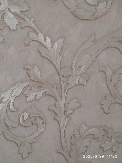 The image shows a close-up view of textured beige wallpaper with an embossed damask pattern. The pattern features stylized floral and foliate elements, with raised relief and subtle shading that suggests depth. The wallpaper has a matte finish and appears to be in good condition. No people, specific objects, or environmental features are visible, other than the wallpaper itself. The image was taken in Skala-Podilska, Ukraine. A timestamp "2026/6/29 11:20" is visible in the bottom right corner.