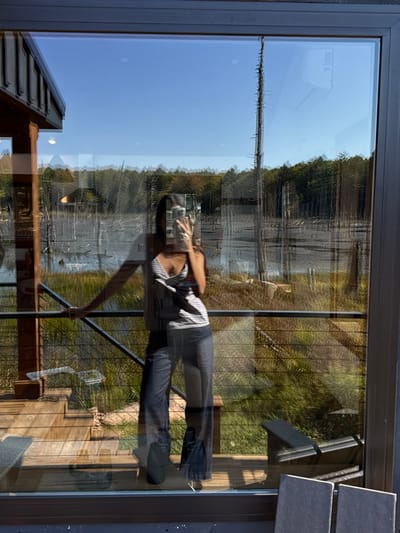 The image displays a reflection in a large glass window or door, revealing a person taking a selfie with a smartphone. The individual, centered in the frame, wears a light-patterned sleeveless top and dark, wide-leg trousers. Their right hand holds a smartphone, while their left arm rests on a dark metal railing of a wooden exterior deck.
Through the glass and also reflected, an outdoor scene is visible: a body of water populated by numerous bare, skeletal trees, bordered by dense reeds and tall grasses with a yellowish-green hue. Beyond this foreground, a forest with green and some autumn-tinted foliage extends under a clear, bright blue sky. A faint building structure is discernible in the distant left. On the deck area, partial views of an outdoor lounge chair and two gray, rectangular objects are visible in the lower right. The scene is illuminated by bright sunlight. This location is Otego, United States.