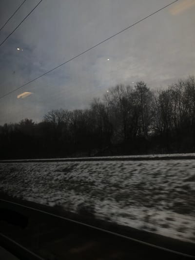 The image depicts a winter landscape as seen through a window, likely from a moving vehicle, in Dettwiller, France. The sky is overcast and grey with varying cloud density, occupying the upper half of the frame. Below the sky, a dense, dark line of leafless deciduous trees forms the horizon, appearing as silhouettes against the lighter sky. In the midground, a field or embankment slopes downwards from the tree line, covered with patchy snow and dark ground, exhibiting horizontal motion blur consistent with forward movement. The immediate foreground shows reflections on the window glass: two prominent circular bright lights are visible in the upper-mid section, and an elongated rectangular bright light is present in the upper-left quadrant. The bottom edge of the image is dark and indistinct, possibly indicating the vehicle's interior or window frame. No individuals, animals, or explicit actions are present in the external scene.