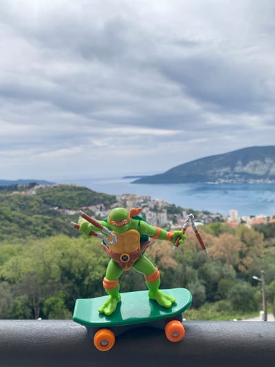 A Teenage Mutant Ninja Turtle action figure, Michelangelo, is positioned on a green skateboard on a grey, textured surface, possibly a railing. He is holding his nunchucks. In the background, there is a landscape featuring a body of water, possibly a bay or fjord, surrounded by mountains. The scene includes a hillside with green trees and buildings, indicating a settled area. The sky is overcast. The location appears to be Trebesin, Montenegro, based on the scenery.