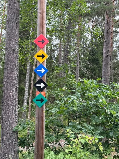 A wooden pole stands vertically in a forest, adorned with a stack of six diamond-shaped directional signs, each featuring an arrow. The signs, from top to bottom, are red with a black arrow pointing right, yellow with a black arrow pointing right, blue with a white arrow pointing right, black with a white arrow pointing right, a partially visible sign with orange and red markings, and finally, a green sign with a black arrow pointing right. The pole is positioned near a large tree with rough bark on the left and is surrounded by dense foliage and tall trees, suggesting a natural, possibly hiking trail setting. The background consists of a forest canopy with varied shades of green leaves and tree trunks. There are no people visible in the image. The scene appears to be in Solberga, Sweden, as indicated by the metadata.