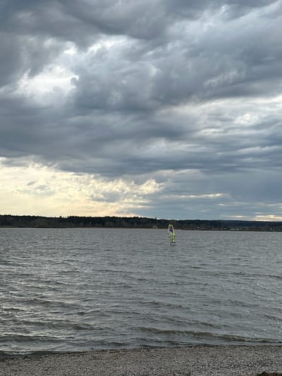 The image captures a windsurfer on the Altmühlsee lake in Gunzenhausen, Germany. The lake's surface is rippled, and the shoreline is visible to the right. A narrow strip of trees separates the lake from a cloudy sky that dominates the left half of the image.